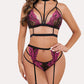 Sexy Lace Mesh Colorblock Suspender Bra and Garter Panty Set with Removable Choker