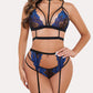 Sexy Lace Mesh Colorblock Suspender Bra and Garter Panty Set with Removable Choker