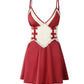Women's V-Neck Lace Colorblock Ice Silk Bow Design Suspender Nightdress