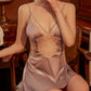 Women's V-Neck Lace Colorblock Ice Silk Bow Design Suspender Nightdress