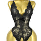 Deep V Sexy Translucent Floral Lace Cross-Back Open Crotch Design One-Piece Pajamas