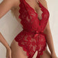 Deep V Sexy Translucent Floral Lace Cross-Back Open Crotch Design One-Piece Pajamas