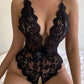 Deep V Sexy Translucent Floral Lace Cross-Back Open Crotch Design One-Piece Pajamas