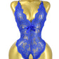 Deep V Sexy Translucent Floral Lace Cross-Back Open Crotch Design One-Piece Pajamas