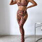 Sexy Leopard Push-Up Bra Underwear Thong Set With Stockings and Choker 6 Pieces Set