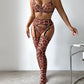 Sexy Leopard Push-Up Bra Underwear Thong Set With Stockings and Choker 6 Pieces Set