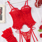 Sexy Lace Hollow Straps Thin Bra Thong and Stockings Three-Piece Set
