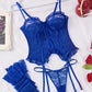 Sexy Lace Hollow Straps Thin Bra Thong and Stockings Three-Piece Set
