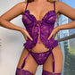 Sexy Lace Hollow Straps Thin Bra Thong and Stockings Three-Piece Set