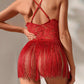 Sexy Deep V Lace Tassel Suspender Dress and Thong Pajama Set