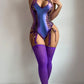 Sexy Patent Leather Halter Neck Side Tie Bodysuit with See-Through Stockings