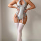 Sexy Patent Leather Halter Neck Side Tie Bodysuit with See-Through Stockings