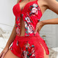Sexy Deep V Lace Mesh Chiffon Splicing Slit Camisole and Shorts Pajamas Two-piece Set