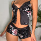 Sexy Deep V Lace Mesh Chiffon Splicing Slit Camisole and Shorts Pajamas Two-piece Set