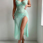 Butterfly Applique Mesh Sheer Slit Fitted Camisole Nightdress and Thong Set