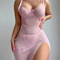 Butterfly Applique Mesh Sheer Slit Fitted Camisole Nightdress and Thong Set