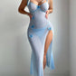 Butterfly Applique Mesh Sheer Slit Fitted Camisole Nightdress and Thong Set