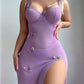 Butterfly Applique Mesh Sheer Slit Fitted Camisole Nightdress and Thong Set