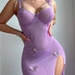 Butterfly Applique Mesh Sheer Slit Fitted Camisole Nightdress and Thong Set
