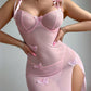 Butterfly Applique Mesh Sheer Slit Fitted Camisole Nightdress and Thong Set