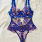 Colorful Flower Embroidery Sexy Lace Underwire Gathered Mesh Bodysuit