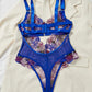 Colorful Flower Embroidery Sexy Lace Underwire Gathered Mesh Bodysuit