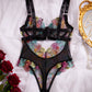 Colorful Flower Embroidery Sexy Lace Underwire Gathered Mesh Bodysuit