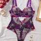 Colorful Flower Embroidery Sexy Lace Underwire Gathered Mesh Bodysuit