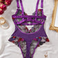 Colorful Flower Embroidery Sexy Lace Underwire Gathered Mesh Bodysuit