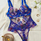 Colorful Flower Embroidery Sexy Lace Underwire Gathered Mesh Bodysuit