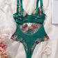 Colorful Flower Embroidery Sexy Lace Underwire Gathered Mesh Bodysuit