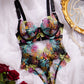 Colorful Flower Embroidery Sexy Lace Underwire Gathered Mesh Bodysuit