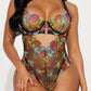 Colorful Flower Embroidery Sexy Lace Underwire Gathered Mesh Bodysuit