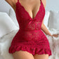 Women's Floral Lace Sheer Ruffle Hem Suspender Nightdress and Thong Set