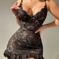 Women's Floral Lace Sheer Ruffle Hem Suspender Nightdress and Thong Set