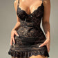 Women's Floral Lace Sheer Ruffle Hem Suspender Nightdress and Thong Set