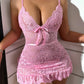 Women's Floral Lace Sheer Ruffle Hem Suspender Nightdress and Thong Set