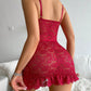 Women's Floral Lace Sheer Ruffle Hem Suspender Nightdress and Thong Set