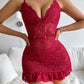 Women's Floral Lace Sheer Ruffle Hem Suspender Nightdress and Thong Set
