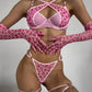 Pink Leopard Print Metal Chain Bra Set with Gloves and Leg Rings