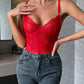 Mesh Striped Lace Trim Crotchless Hidden Button Bodysuit