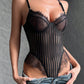 Mesh Striped Lace Trim Crotchless Hidden Button Bodysuit