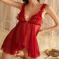Sexy Ruffled Mesh See-Through Open Crotch Suspender Nightdress Set