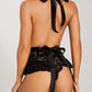 Sexy Deep V Contrast Lace Backless Bow Tie One-Piece Pajamas
