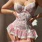 Gathered Contrast Color Sexy See-Through Lace Bow With Leg Cover Pajamas Set