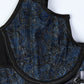Retro Printed Mesh and PU Leather Cross-Strap Bow Bodysuit