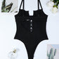 Retro Printed Mesh and PU Leather Cross-Strap Bow Bodysuit