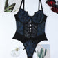 Retro Printed Mesh and PU Leather Cross-Strap Bow Bodysuit