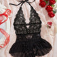 Sexy Hollow Lace See-through Suspenders Open Crotch One-piece Pajamas