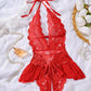 Sexy Hollow Lace See-through Suspenders Open Crotch One-piece Pajamas